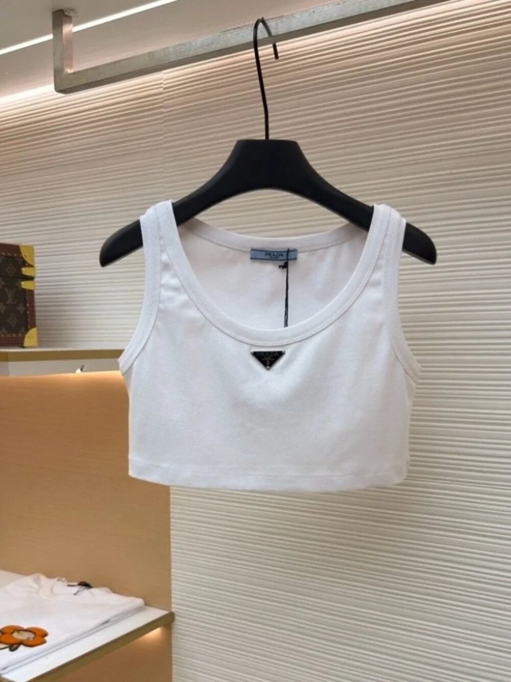 Prada White U-Neck Cropped Tank Top Triangle Metal Logo Sleeveless Crop Vest